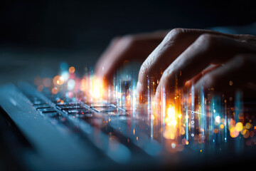Close-up of hands typing on a keyboard with digital light effects and data visualization overlay