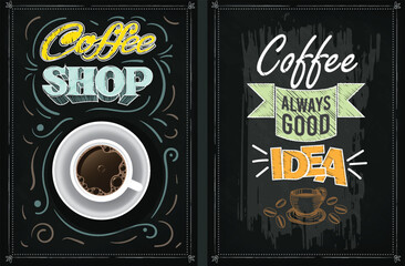 Two decorative coffee signs featuring chalk-style lettering and illustrations on a dark grunge background. Perfect for cafe branding or wall art.