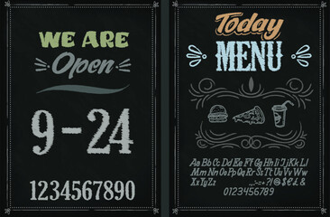 A detailed, hand drawn chalkboard menu template for a restaurant or cafe, featuring "Today Menu"