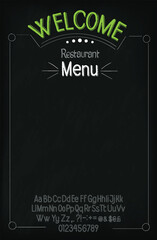 Restaurant menu design on a black chalkboard, featuring decorative hand drawn welcome text and customizable template area.