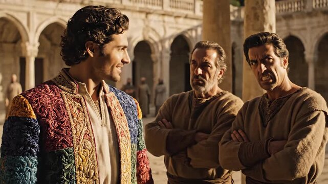 Man in vibrant robes smiles in an ancient courtyard as two older men with angry expressions and crossed arms observe, scene suggesting a historical narrative or conflict,