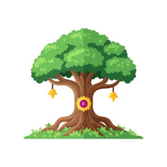 Illustration of a fantasy tree with a sunflower in the trunk and hanging decorations.