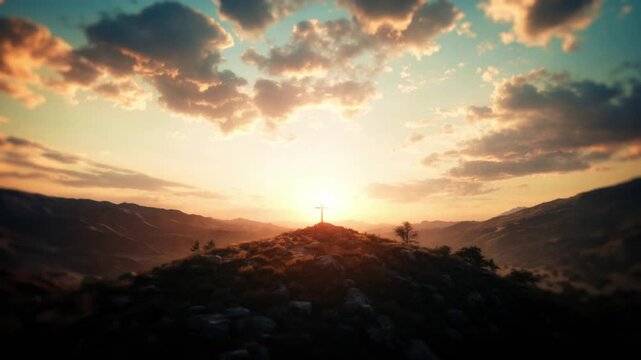 Symbolic Cross Silhouette on Hilltop with Majestic Sunset
