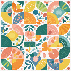 Colorful Geometric Fruit and Botanical Tile Pattern Vector