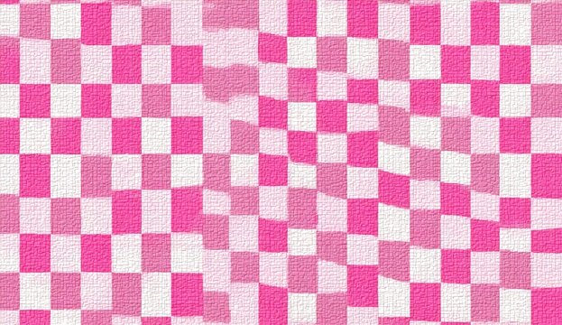 Pink and white checkerboard pattern with a wave distortion effect on textured background - Powered by Adobe