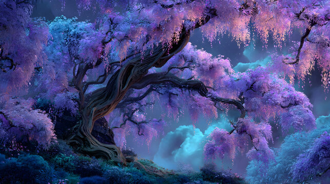 Enchanted fantasy tree with glowing pastel colors under starry night sky - Powered by Adobe