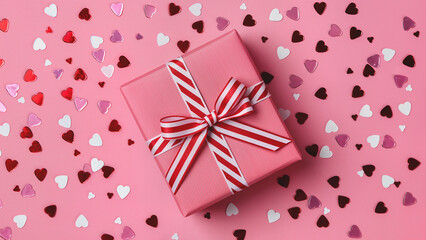 A whimsical gift box wrapped in candy-striped ribbon, floating heart-shaped confetti, soft pink gradient background, warm ambient lighting, celebration atmosphere