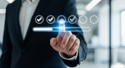 Business professional selecting a checkmark on a progress bar, symbolizing successful completion and quality assurance.