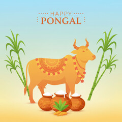 Fototapeta premium Happy Pongal celebration illustration with traditional items like a decorated cow, sugar cane, and a pot of boiling sweet rice on a festive background.