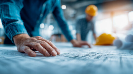 Hands of engineers focusing on detailed construction blueprints during collaborative planning with safety helmets and rolled plans in the background