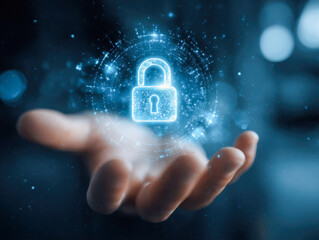 Hand holding glowing futuristic lock icon with digital particles representing data protection and cybersecurity in a high-tech concept background