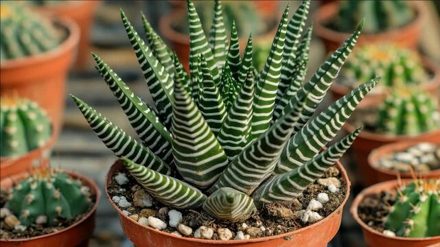 Variety of cacti and succulents in planters, showing off their unique shapes and patterns. Suitable for indoor or outdoor gardening enthusiasts.