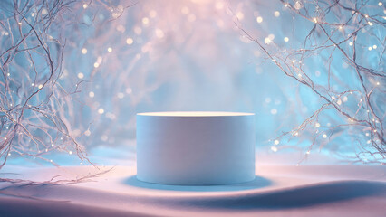 A white cylindrical podium stands on snowy ground, framed by delicate, illuminated winter branches. A magical, dreamy blue and pink bokeh backdrop.