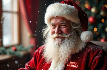 Portrait of a man dressed in a Santa costume with a long white beard and red suit. Snowy window background and Merry Christmas text on the chest