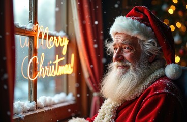 A man dressed as Santa smiling by a window with a neon Merry Christmas sign. Snowy winter view outside and warm bokeh lights reflection inside