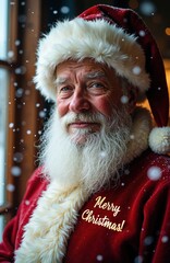 Close-up portrait of a man dressed in a Santa costume with a white beard and red suit. Falling snow effects and a gold Merry Christmas text overlay