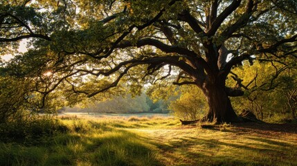 Fototapeta premium Sunlight shines through the branches of a large tree in a park. Grass covers the ground and a water body is nearby. It is early evening and the area feels warm and inviting.