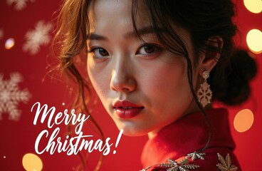 Glamorous Asian woman in a red dress with snowflake earrings. Festive red background with bokeh lights and white Merry Christmas text