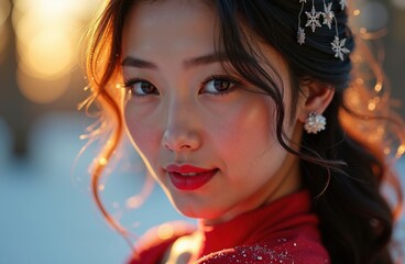 Dreamy portrait of a beautiful Asian woman with snowflake hair pins. Backlit by winter sun with a white Merry Christmas text overlay