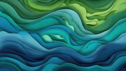 Abstract organic shapes in graded blues, greens, layered, giving dimensional depth, like water, land, or abstract topographic map