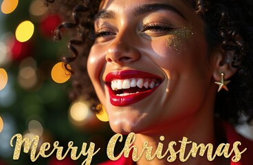 Joyful woman with red lipstick and gold glitter makeup smiling against a blurred Christmas tree background. Festive text: Merry Christmas