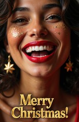 Close-up portrait of a cheerful woman with a wide, open-mouthed smile. Red lipstick, gold glitter makeup, and a festive "Merry Christmas!" message