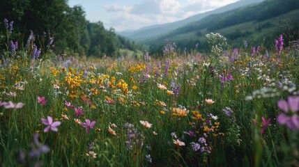 Fototapeta premium In a valley diverse flowers fill the landscape under a bright sky. Lush green hills rise in the background showing a summer scene full of life.