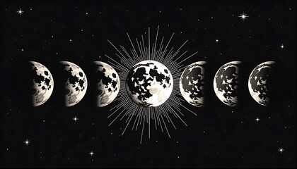 Phases of the Moon with Radiant Sunburst on Black Background
