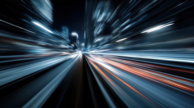 Bright lights streak across a city scene at night as a vehicle moves quickly through the streets. The blurred lines show the speed and activity of urban life after dark.