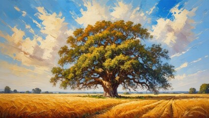 Landscape, Endless wheat field, Blue sky, Massive Old Oak tree