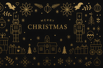 黒背景のゴールドクリスマスデザインとくるみ割り人形のシンメトリー構成