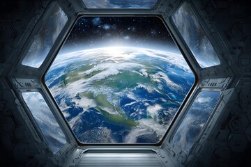 The Earth appears through a hexagonal spaceship window, partially covered by clouds and illuminated by sunlight.