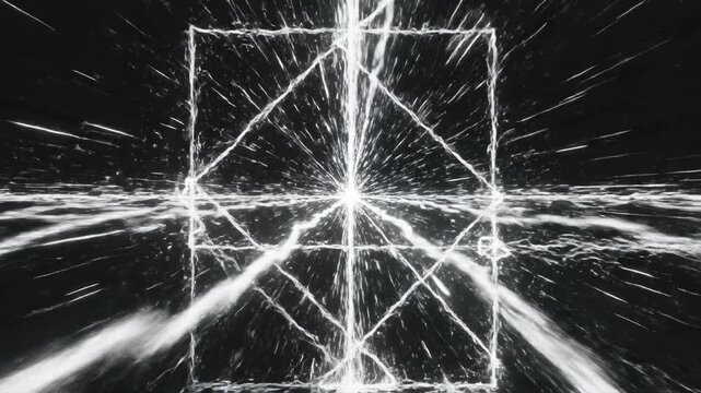 Dynamic abstract white lines diverge and converge rapidly creating a complex nonlinear pathway over a clean empty background complexity, diverge, white