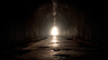 A dark tunnel stretches forward with light visible at the end. The ground appears wet and the walls show signs of age. This scene captures a moment full of mystery and anticipation.