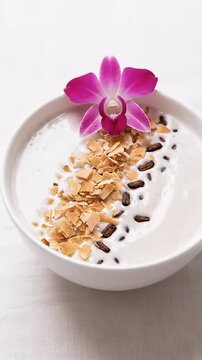 Healthy Tropical Smoothie Bowl with Toasted Coconut Flakes Cacao Nibs and an Elegant Pink Orchid Perfect for a delicious refreshing breakfast or a wholesome dessert