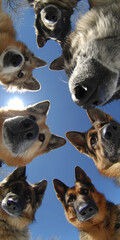 Obraz premium Phone wallpaper showcasing a cluster of 10 German Shepherds, looking directly at the camera from various angles, in an outdoor setting under daylight Dogs arranged around a central poi - AI-Generated