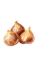 Fototapeta premium Three ripe brown figs, a sweet and healthy fruit, arranged together and isolated on white background