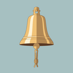 Gold bell with rope hanging against a light blue background  