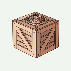 Wooden crate with coiled rope on top against light background  
