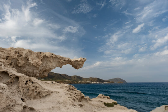 Fossil dune eroded by wind action at Los Escullos beach, in the Nature Reserve of Cabo de Gata - Nijar Natural Park