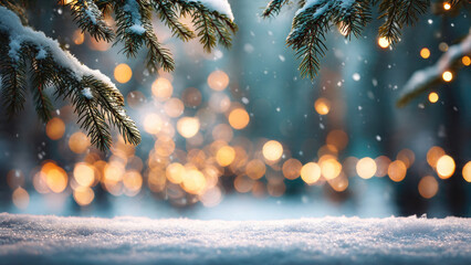 Snow-dusted pine branches frame a magical winter scene with falling snow and warm, sparkling bokeh lights over a fresh snow layer.