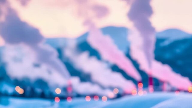 Softly blurred industrial panorama during twilight, featuring rising steam against cool sky and shimmering circular lights