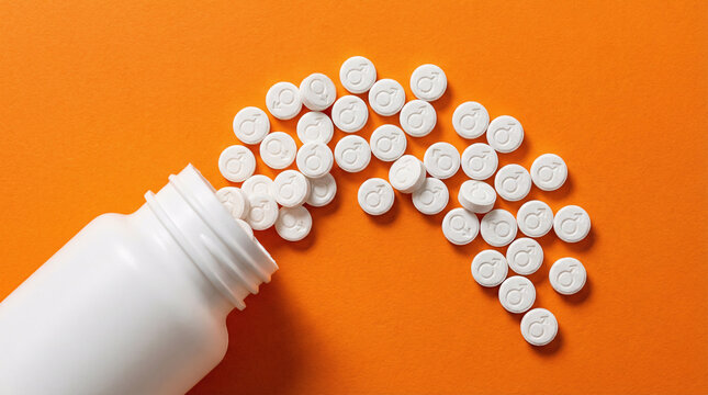 White pill bottle pouring tablets with male symbol on orange background, men health, fertility and potency concept.