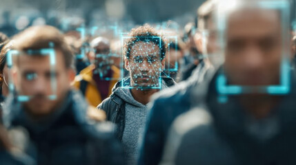 People walking in a crowded street with facial recognition technology highlighting individual faces in a futuristic urban environment for security monitoring