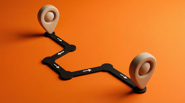 Route map with two location pins and zigzag path with arrows on orange background, journey, navigation and planning.