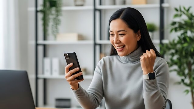 Excited Asian Woman Celebrating Success on Smartphone.