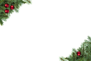 Horizontal Frame, Christmas tree branches with balls in PNG isolated on transparent background