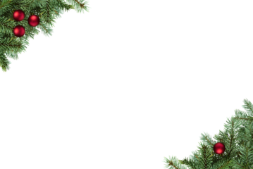 Horizontal Frame, Christmas tree branches with balls in PNG isolated on transparent background