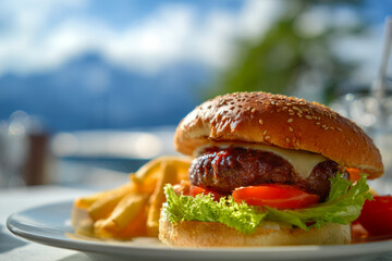 Juicy gourmet burger with fresh lettuce and tomato served on a sesame bun alongside crispy golden fries on a white plate under bright natural daylight outdoors