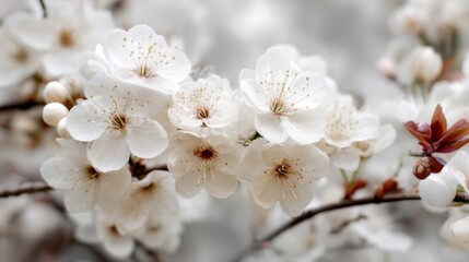 Cherry blossom branches are filled with white flowers under sunlight in a garden. The scene shows the arrival of spring as the flowers begin to open.